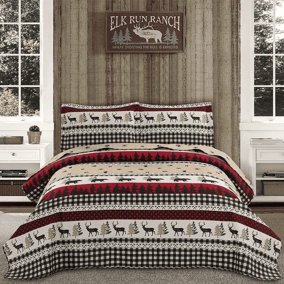 Beartech Quilt Set Queen Size Rustic Bedding Lodge Cabin Bear Quilt Buffalo Plaid Stripe Bedding Reversible Bedspread Coverlet Lightweight Microfiber Quilt Bedspread