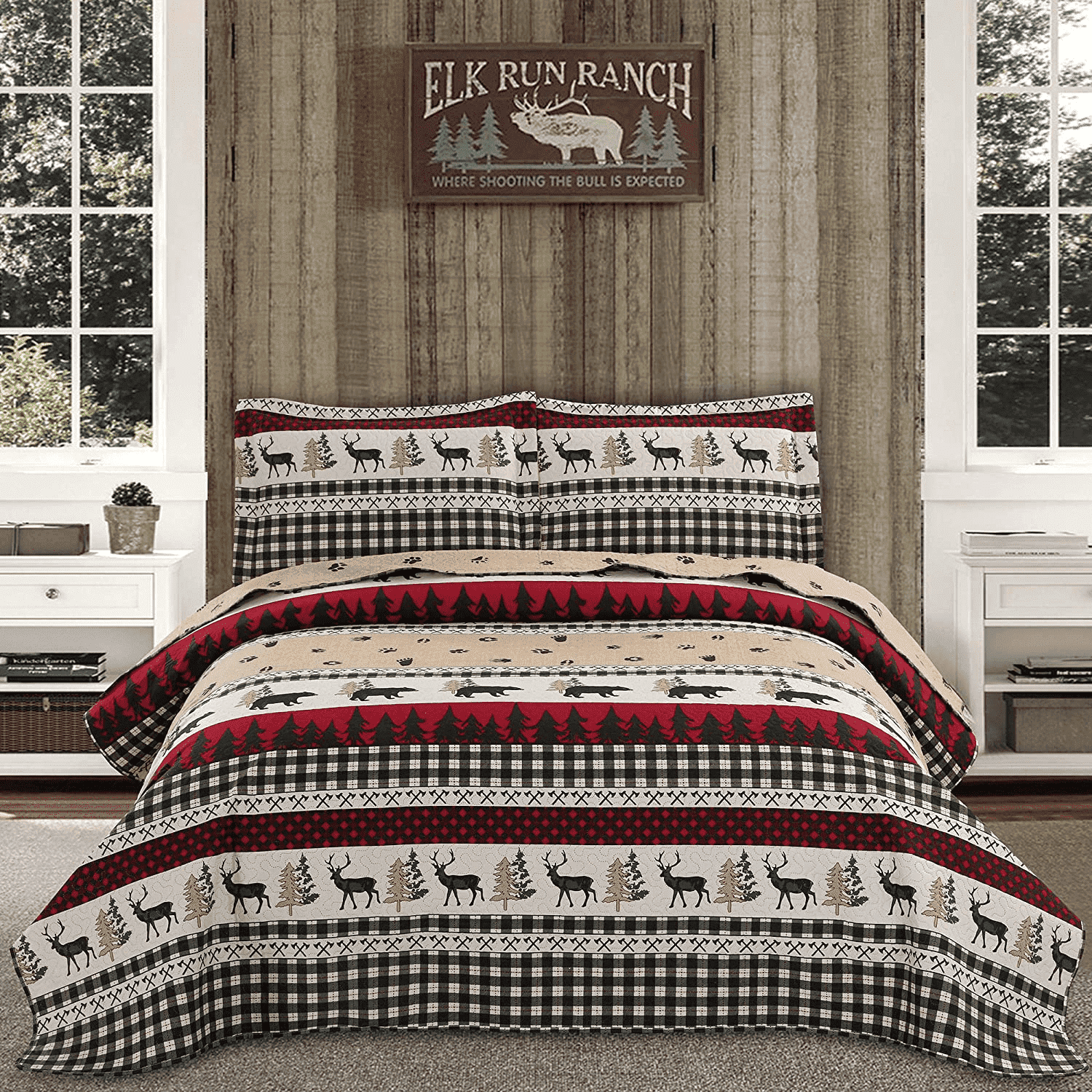 Beartech Quilt Set Queen Size Rustic Bedding Lodge Cabin Bear Quilt Buffalo Plaid Stripe Bedding Reversible Bedspread Coverlet Lightweight Microfiber Quilt Bedspread