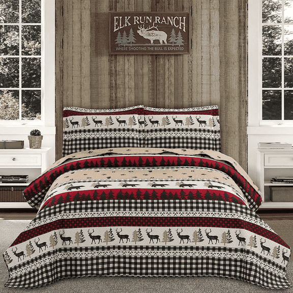 Beartech Quilt Set Queen Size Rustic Bedding Lodge Cabin Bear Quilt Buffalo Plaid Stripe Bedding Reversible Bedspread Coverlet Lightweight Microfiber Quilt Bedspread