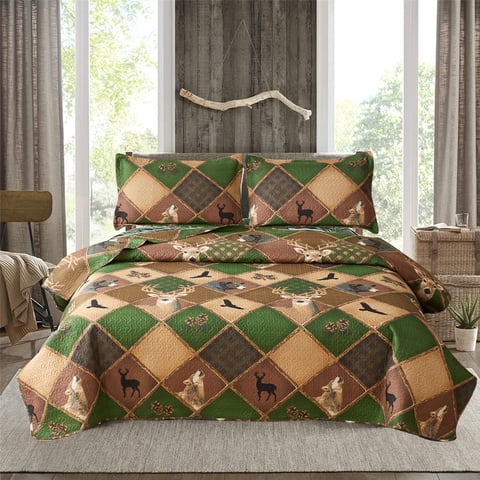 Beartech Quilt Set Queen Size Rustic Cabin Animal Brown Green Plaid Patchwork Quilt Lightweight Reversible Microfiber Bedspread Coverlet Bedding Set