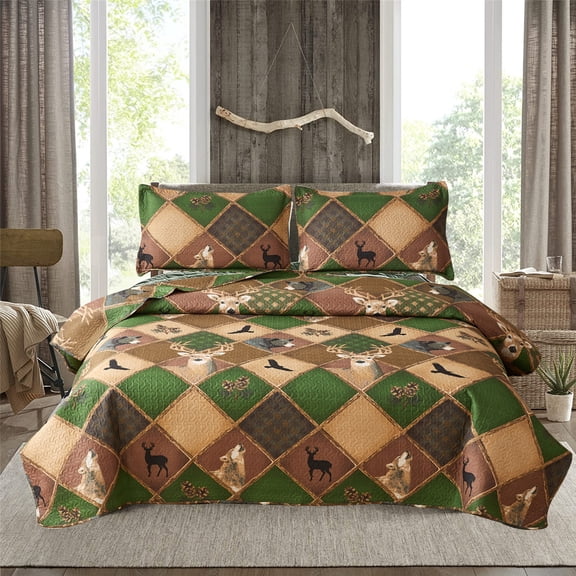 Beartech Quilt Set Queen Size Rustic Cabin Animal Brown Green Plaid Patchwork Quilt Lightweight Reversible Microfiber Bedspread Coverlet Bedding Set