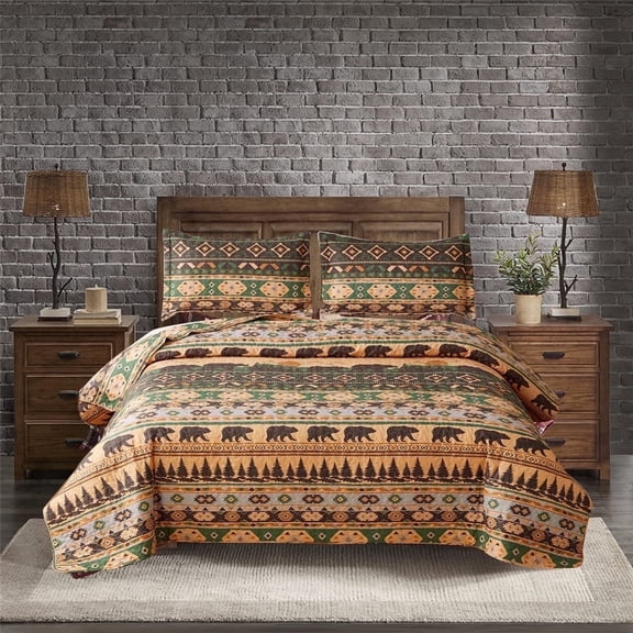Beartech Quilt Set Queen Size Rustic Forest Bear Pattern Quilt Lightweight Reversible Microfiber Bedspread Coverlet Bedding Set