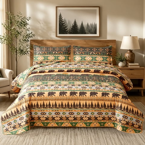 Beartech Quilt Set Queen Size Rustic Forest Bear Pattern Quilt Lightweight Reversible Microfiber Bedspread Coverlet Bedding Set