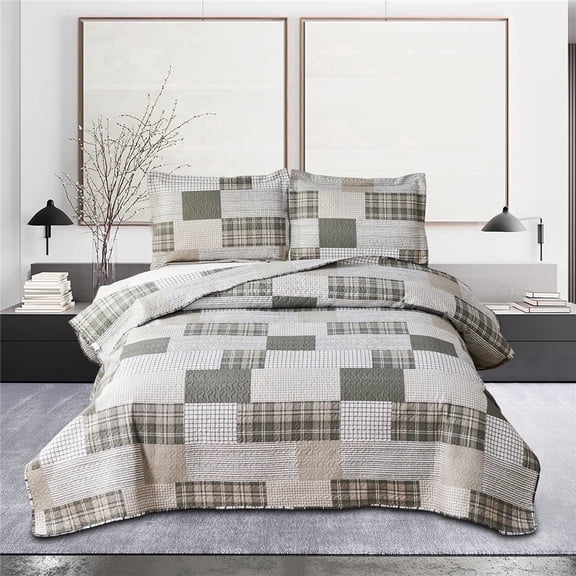 Beartech Quilt Set Queen Size Stripe Plaid Grey White Patchwork Quilt Lightweight Reversible Microfiber Bedspread Coverlet Bedding Set