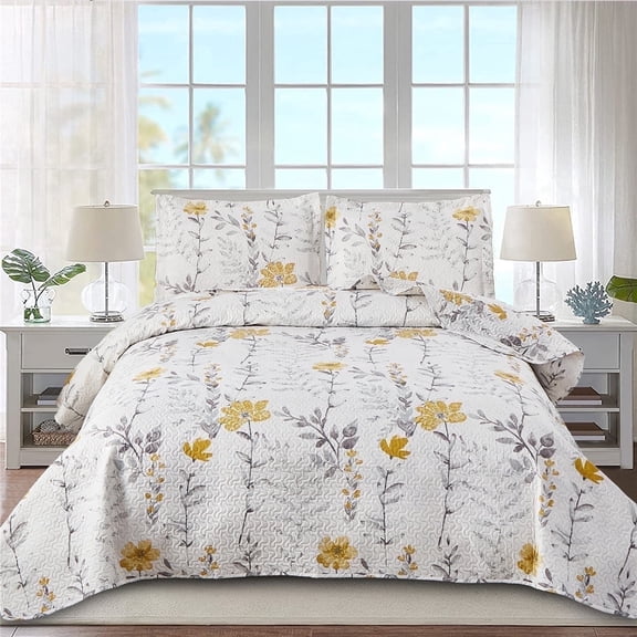 Beartech Quilt Set Twin Size Floral Bedspread Yellow Floral Quilts Bedding Collection Lightweight Coverlet Reversible Microfibers Quilt