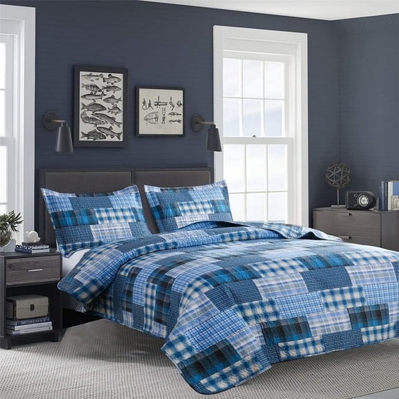 Beartech Quilt Set Twin Size Plaid Bedding Blue Checkered Patchwork Coverlet Lightweight Microfiber Reversible Bedspread Quilt Set