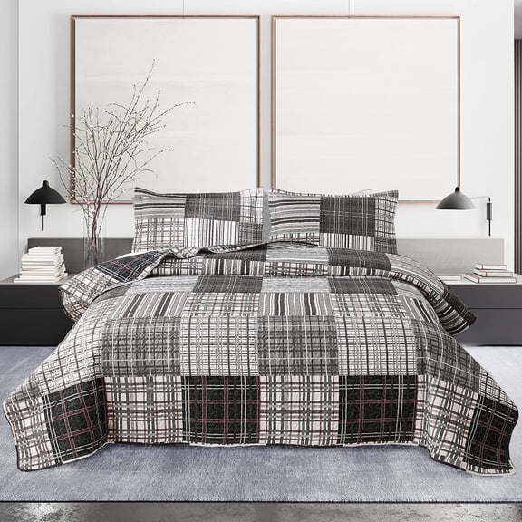 Beartech Quilt Set Twin Size Plaid Patchwork Microfiber Home Lightweight Reversible Bedspread Coverlet Bedding Set