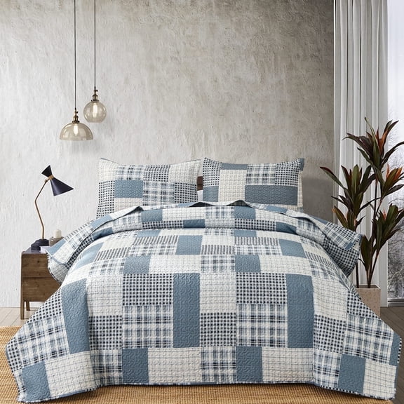 Beartech Quilt Set Twin Size Plaid Patchwork Microfiber Lightweight Reversible Bedspread Coverlet Bedding Set