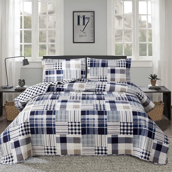 Beartech Quilt Set Twin Size Plaid Patchwork Microfiber Lightweight Reversible Bedspread Coverlet Bedding Set