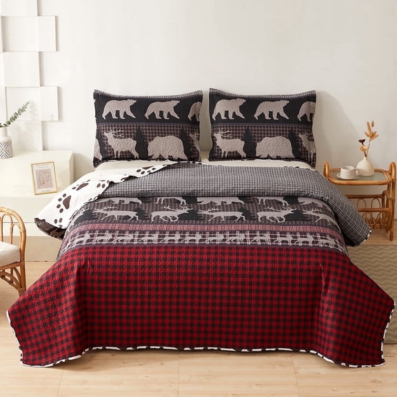 Beartech Quilt Set Twin Size Rustic Bear Bedding Red Black Buffalo Plaid Bedspread Coverlet Lodge Cabin Quilt Animal Lightweight Reversible Microfiber Quilt