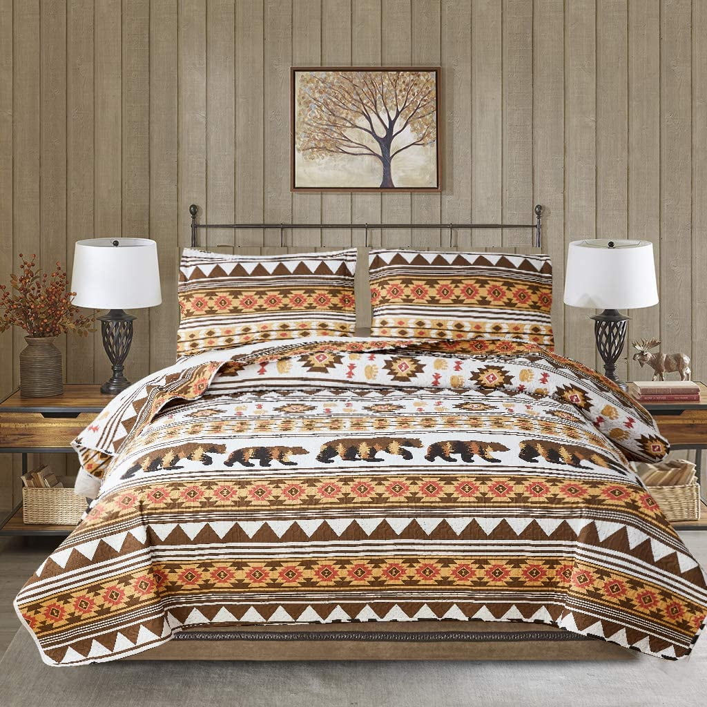 ARL HOME Rustic Twin Size Quilt Set, Forest Brown Bear Bedspread ...