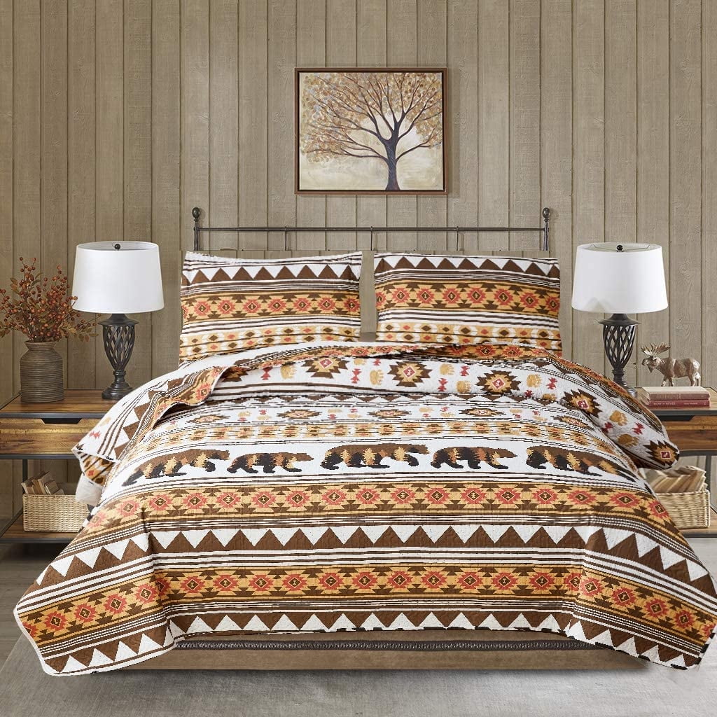 ARL HOME Rustic Twin Size Quilt Set, Forest Brown Bear Bedspread ...