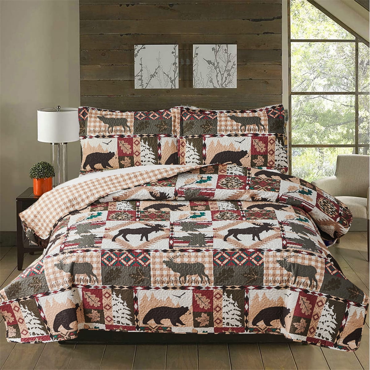 ARL HOME Rustic Twin Size Quilt Set, Moose Bear Forest Animal Patterns ...