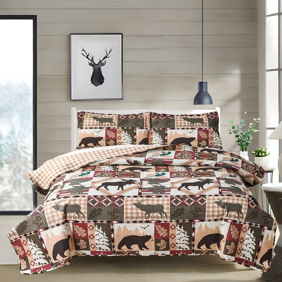 Beartech Quilt Set Twin Size Rustic Bedding Plaid Patchwork Quilt Lodge Cabin Moose Bear Bedding Forest Animal Lightweight Reversible Microfiber Quilt
