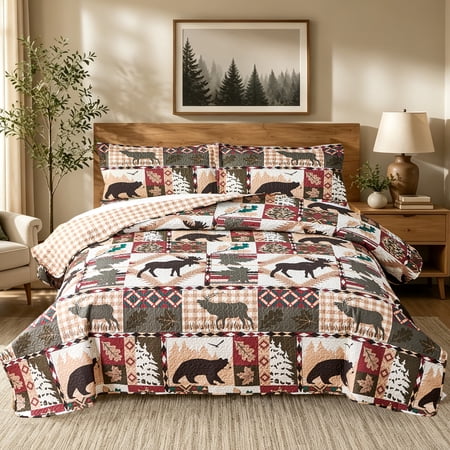 Beartech Quilt Set Twin Size Rustic Bedding Plaid Patchwork Quilt Lodge Cabin Moose Bear Bedding Forest Animal Lightweight Reversible Microfiber Quilt