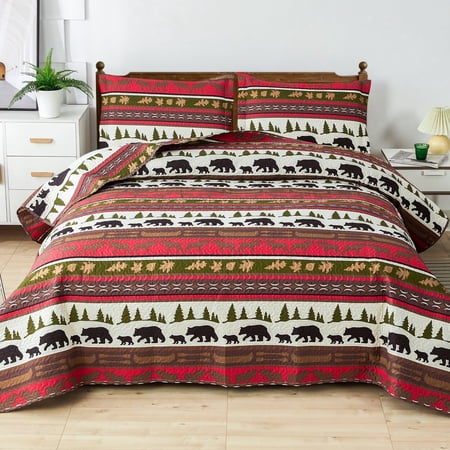 Beartech Quilt Set Twin Size Rustic Bedding Red Plaid Patchwork Quilt Forest Bear Bedding Lodge Cabin Bedspread Coverlet Lightweight Reversible Microfiber Quilt