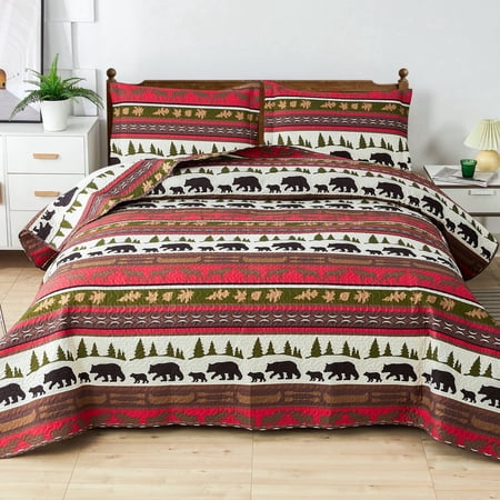 Beartech Quilt Set Twin Size Rustic Bedding Red Plaid Patchwork Quilt Forest Bear Bedding Lodge Cabin Bedspread Coverlet Lightweight Reversible Microfiber Quilt