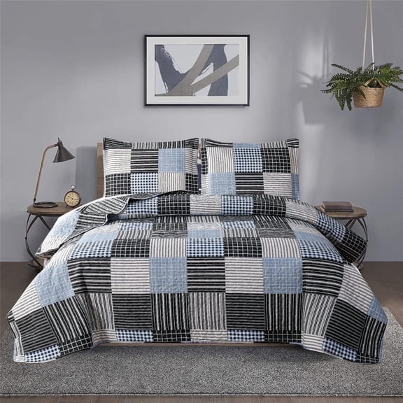 Beartech Full/Queen Plaid Quilt Set Bedding Blue Black Stripe Checkered Patchwork Bedspread Reversible Coverlet Soft Microfiber Quilt
