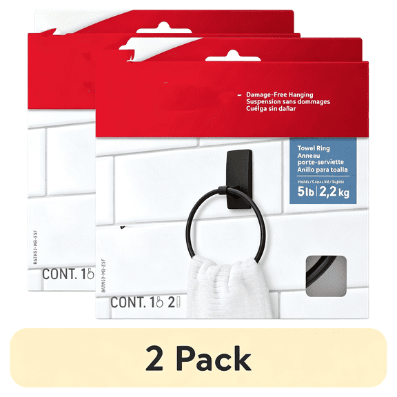 ARLAJO 2 pack) Command Bath Matte Black Towel Ring, 1 Towel Ring, Holds 5 lbs, 2 Strips, Adhesive Mount, No-Drill Face Towel Holder