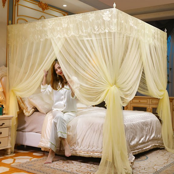 ARLAJO 2026 New 4 Corners Post Ruffle Canopy Bed Curtains for Girls Kids Adults - Cute Cozy Drape Square Netting - 3 Opening Mesh Net Canopy - Princess Bedroom Decoration