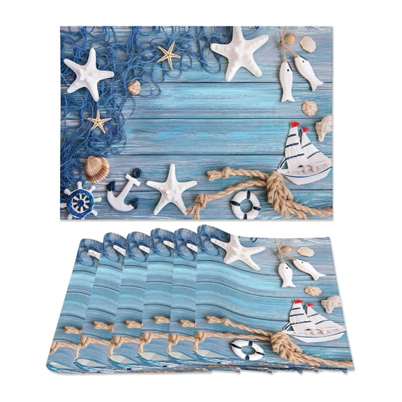 ARLAJO 2026 New Blue Placemats Set of 6,Summer Nautical Theme Starfish Shell Fishnet Heat Resistant Linen Fabric Cloth Place Mats,Washable Holiday Party Dining Table Mats for Coastal Home Decor