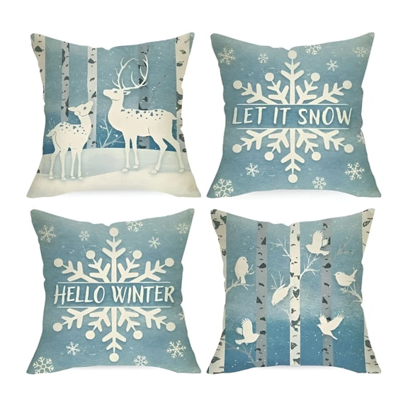 ARLAJO 2026 New Hello Winter Snowflake Decorative Throw Pillow Covers 18X18 Set of 4,Let It Snow Wonderland Reindeer Bird Cushion Case Decor,Forest Seasonal Farmhouse Home Decoration for Sofa Couch
