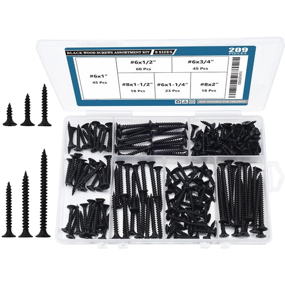 ARLAJO 209PCS Black Wood Screw Assortment Kit,6 Sizes Flat Head Phillips | Great for Home Improvement,Sturdy Steel,Rustproof,Handy Storage Case,Sizes: 2",1-1/2",1-1/4",1",3/4",1/2"