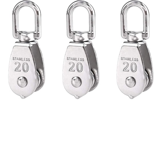 ARLAJO 3PCS Stainless Steel M20 Single Pulley Block Sets with Spring Snap Hook,Lifting Crane Single Wheel Swivel Snatch Pulley Block Sheave Pulley Roller,Loading 165lbs/75kg (M20-3PCS)
