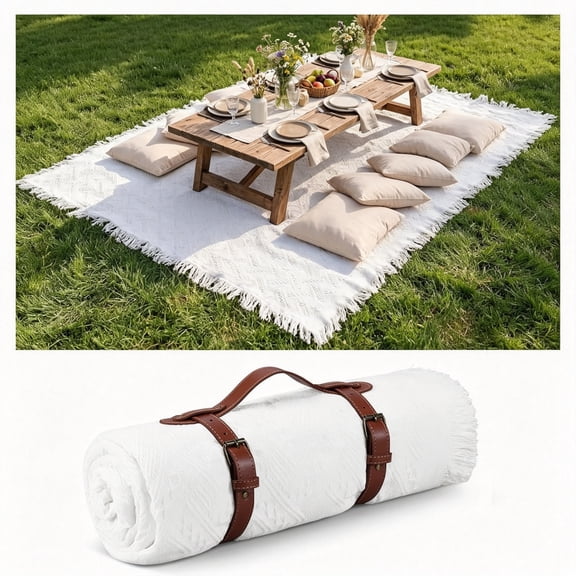 ARLAJO 70X120"Extra Large White Outdoor Picnic Blanket Woven Cotton Yarn Blanket with Fringe and Leather Storage Strap Boho Decor for 8 to 12 Camping Lawn Wedding Photoshoot Beach Park Grass