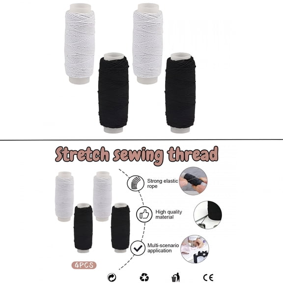 ARLAJO Black and White Elastic Thread 4 Pack, Polyester Smocking Cord for Sewing, Stretchy Thread for Shirring, Ruching, Garment Making, and Repairs
