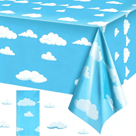 ARLAJO Blue Sky White Clouds Birthday Party Supplies Cartoon Story Tablecloth Party Table Cover Cartoon Table Banner for Birthday Decorations, 54 x 108 Inch(1 Piece)