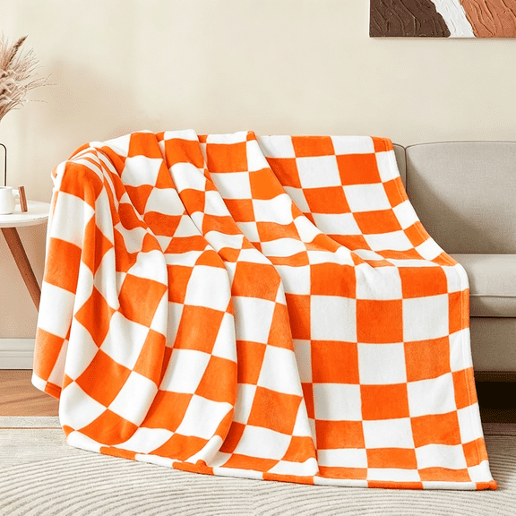 ARLAJO Checkered Throw Blanket for Couch,Soft & Cozy Fleece Flannel Blanket with Checkerboard Grid Home Decor,Checkered Orange Blanket,50X60"