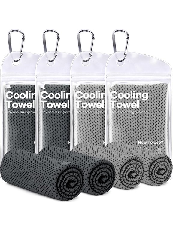 Cooling Towels, 4 Pack (40X12) Chilly Ice Rags for Neck and Face | 2 Gray+2 Dark Gray, Soft Breathable, Sports and Outdoor Workouts, Comes with Storage Bags & Carabiners