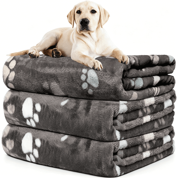 ARLAJO Dog Blanket for Large Dogs,3 Pack Dog Cat Flannel Blankets Washable,Soft Pet Throw Cover Suitable for Kennel Crate Bed,Cute Paw Pattern,Grey,31"X41"