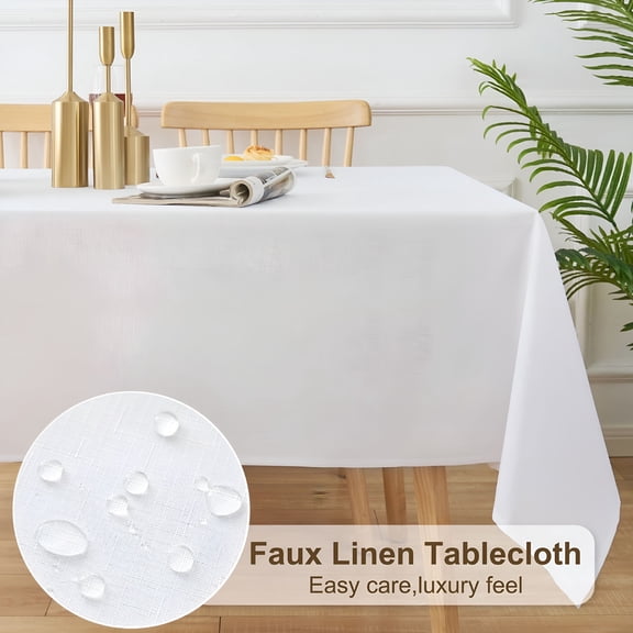 ARLAJO Faux Linen Textured Tablecloth - 60 X 84 Inch Wipeable,White Tablecloths for Rectangle Tables Waterproof & Stain-Resistant Linen-Look Cloth Table Cover,White