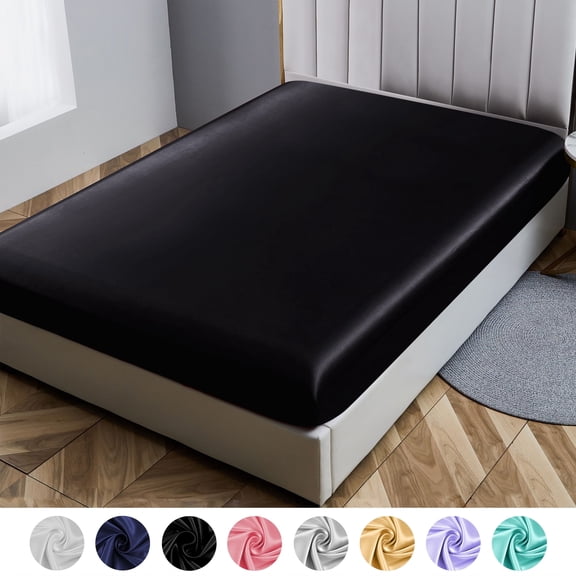 ARLAJO Fitted Sheet Deep Pocket Bed Sheet Satin Silk Sheets Ultra Soft Machine Washable Queen, Black