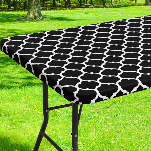 ARLAJO Fitted Vinyl Tablecloth Rectangular 30"72"in(90"197"cm), Waterproof Wipeable PVC Table Cover, Moroccan, Black, For Indoor or Outdoor
