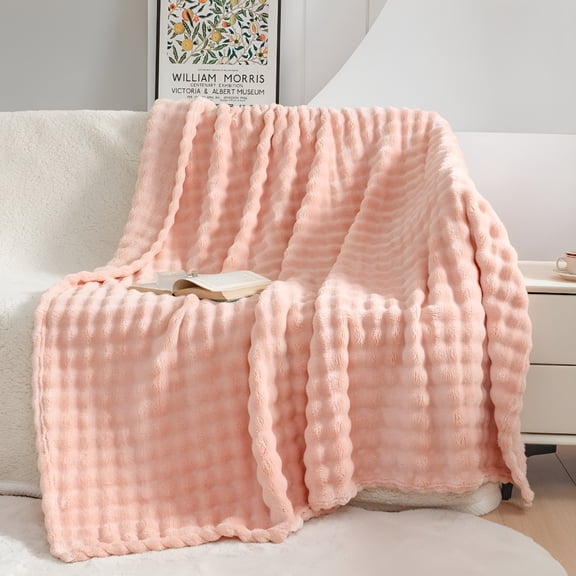 ARLAJO Flannel Fleece Throw Blanket for Kids,Girls,Women,Fluffy Pink Waffle Faux Fur Blanket for Bed,Couch,Chair,Bubble Plush Thick Fuzzy Soft Blanket (52" X 63")