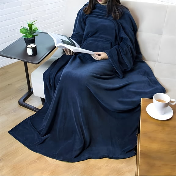ARLAJO Fleece Wearable Blanket with Sleeves and Foot Pockets - Blanket with Feet Pocket Plush Warm Robe Wrap Cozy Gift for Wife or Mom (Blue 71"X59")
