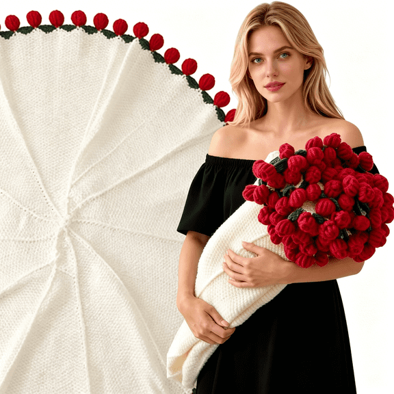 ARLAJO Flower Bouquet Blanket, Handmade Knitted Blanket with Rose Flowers, Crochet Rose Throw Blanket, Romantic Valentine'S Day Gift Knit Throw Blanket