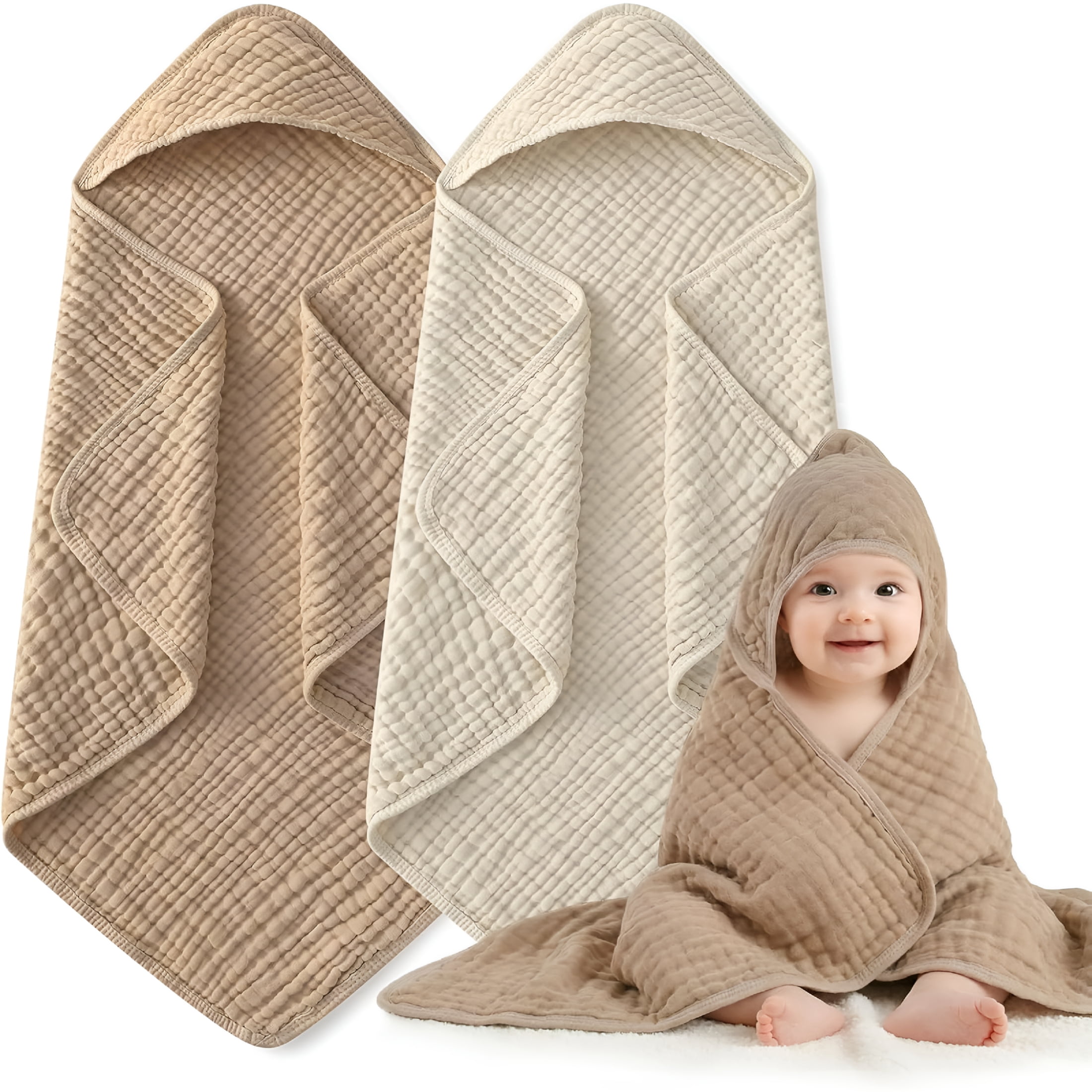 ARLAJO Hooded Baby Bath Towels for Newborn,2 Pack - 6-Layer 100% Muslin Cotton,Soft Absorbent Baby Towels with Hood for Babies,Infants & Toddlers,Large 32X32 Inch Unisex Newborn Baby Bath Essentials