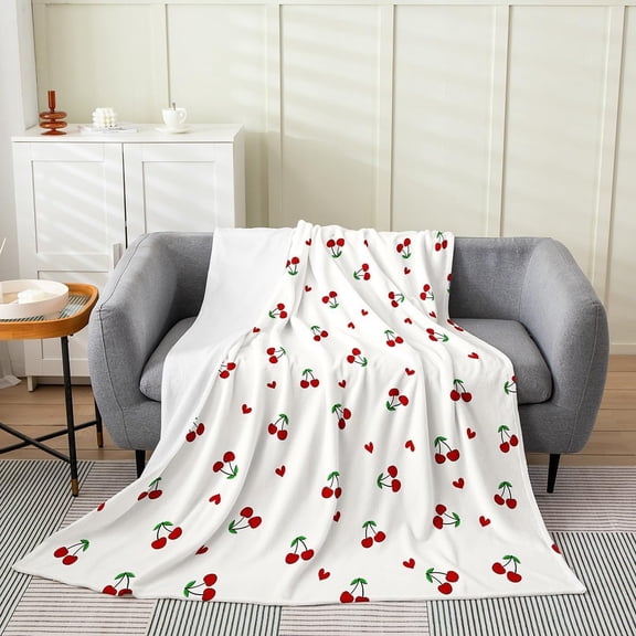 ARLAJO Kids Red Cherry All Season Bed Blanket Twin 60"X80" Cherry Pattern Plush Throw Blanket Cute Fruit Flannel Fleece Blanket Kawaii Cartoon Fruit Room Decor Fashion