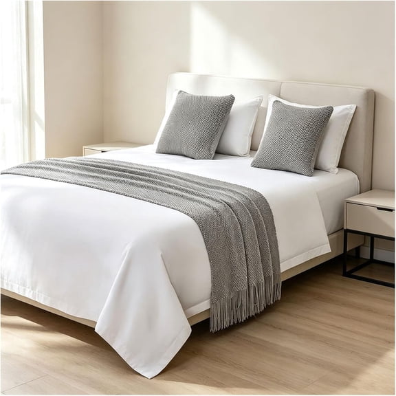 ARLAJO Knit Bed Runner Tassels, Solid Scarf, Fits Twin Queen King | Soft Acrylic Knit, Tassel Fringe, 14 Colors, Fits Twin/Queen/King Beds, Optional Pillow(Gray,60*260Cm)