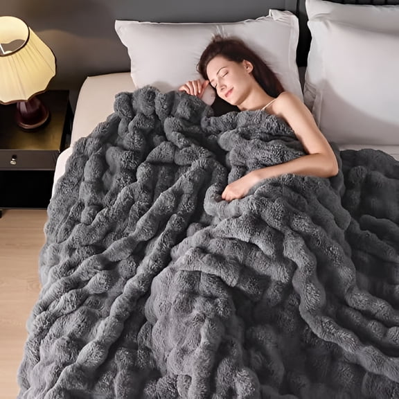 ARLAJO Luxury 1000Gsm Faux Rabbit Fur Throw Blanket,Super Heavy Warm Cozy Blankets for Couch Bed Sofa,Bubble Plush Fuzzy Elegant Soft Reversible Mink Blanket for Living Room Bedroom,Grey