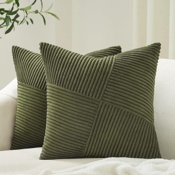 ARLAJO Olive Green Decorative Throw Pillow Covers Set of 2 18X18 Inches for Couch Bed Sofa, Boho Aesthetic Home Decor, Soft Corduroy Striped Patchwork Windmill Textured Cushion Cases 45X45 Cm