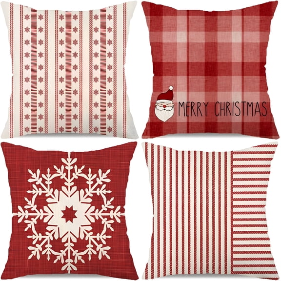 ARLAJO Red Striped Christmas Decorations Pillow Covers 20X20 Set of 4 Stripes Snowflake Buffalo Plaid Santa Claus Merry Christmas Winter Holiday Farmhouse Decor Throw Pillows Cushion Case