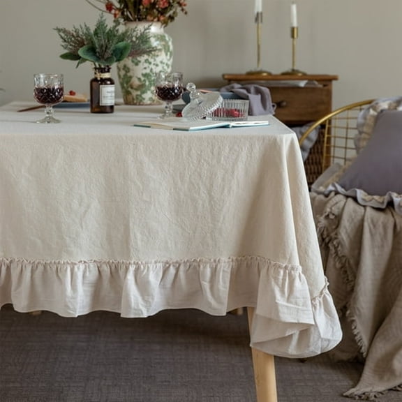 ARLAJO Retro Farmhouse Ruffle Tablecloth Cotton Flounces Trim Table Cover for Rectangle Table Baby Shower Kitchen Party Wedding Decor 52x70 in