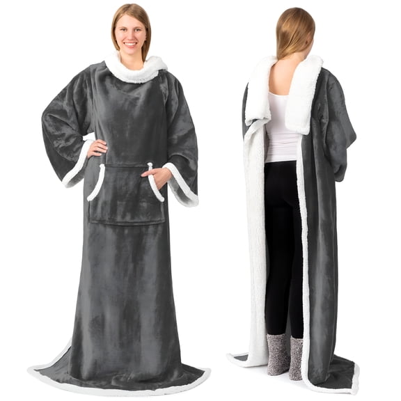 ARLAJO Sherpa Wearable Blanket with Sleeves and Pocket,Plush Thick Cozy Body Blanket Wrap for Adult Women Men,Wearable Blanket Women Christmas Gift for Wife Mom,Dark Grey