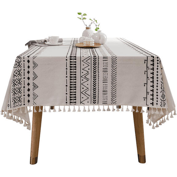 ARLAJO Waterproof Tablecloth with Tassel Trim, 55x55 Inch Cotton Linen Table Cover for Dining Kitchen, Romantic Party Decor