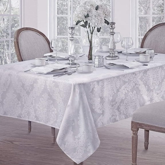ARLAJO White Damask Barcelona Scroll 60 X 84 Inch Rectangle Fabric Holiday Dining Tablecloth